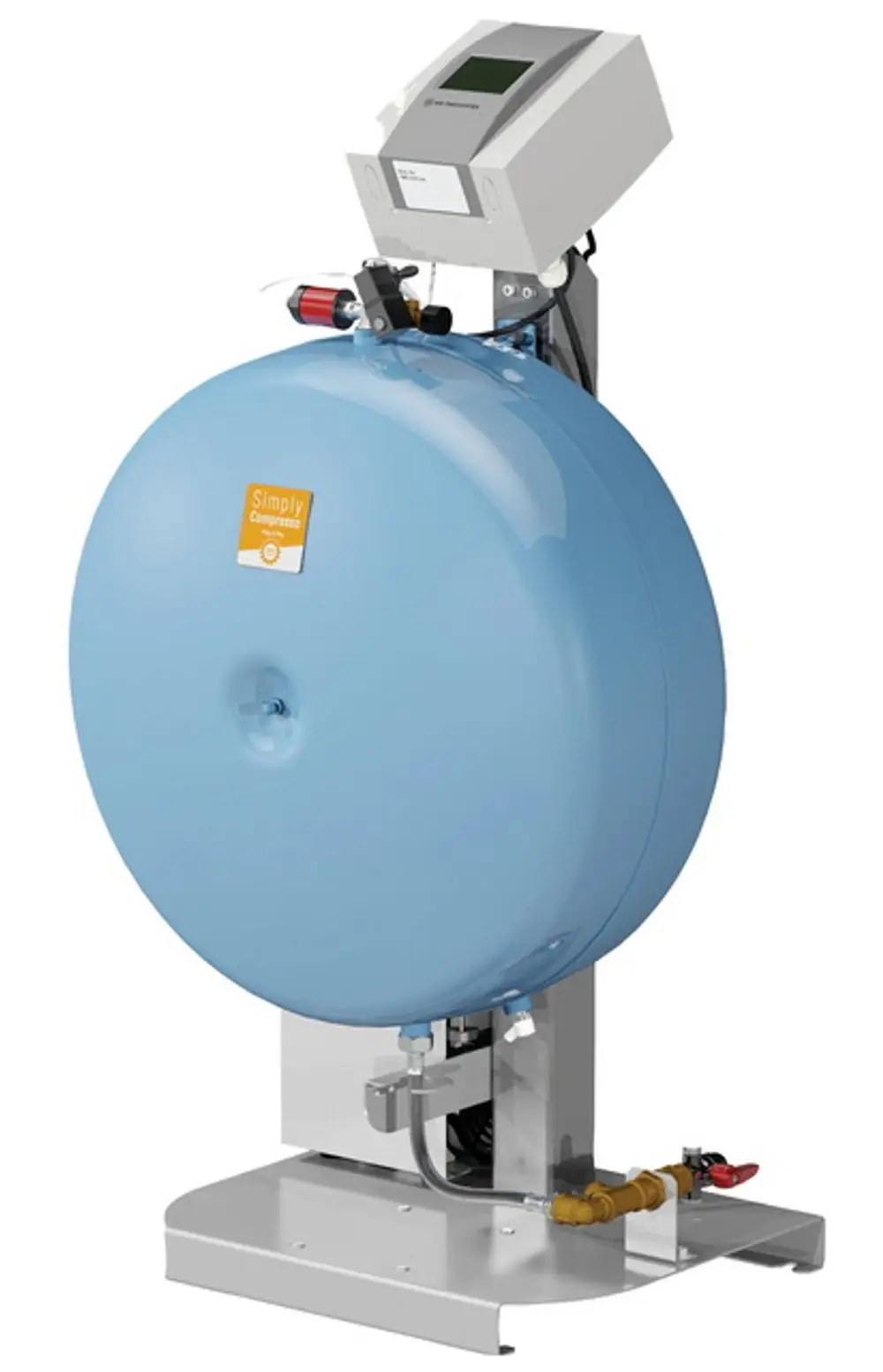 Blauer Druckbehälter von IMI Hydronic Engineering mit einem digitalen Druckmessgerät oben. Der Behälter ist auf einem stabilen Standfuß montiert.